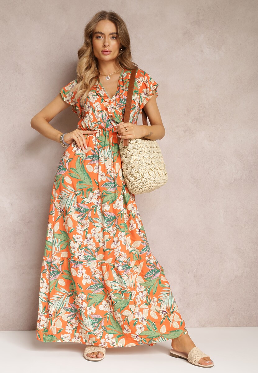 Pomarańczowa Sukienka Rozkloszowana w Kwiaty z Gumką w Pasie Diggle