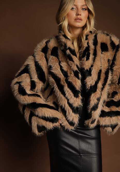 Brązowo-Czarna Kurtka Futerko Zdobiona Wzorem w Paski Alindde