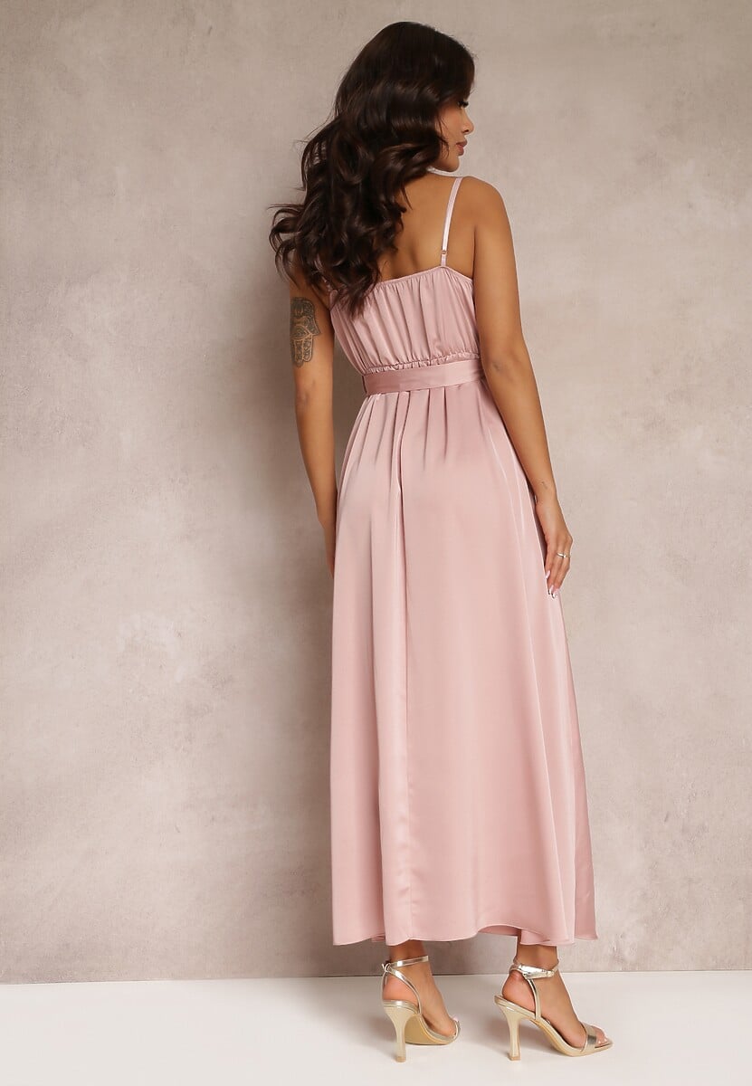 Jasnoróżowa Koktajlowa Sukienka z Gumką w Pasie na Regulowanych Ramiączkach Anajane