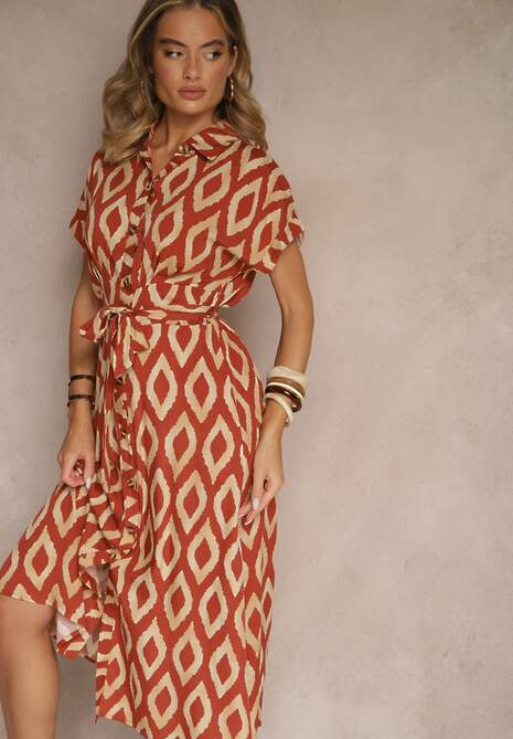 Pomarańczowa Koszulowa Sukienka z Wiskozy Ozdobiona Geometrycznym Motywem  Ralomia