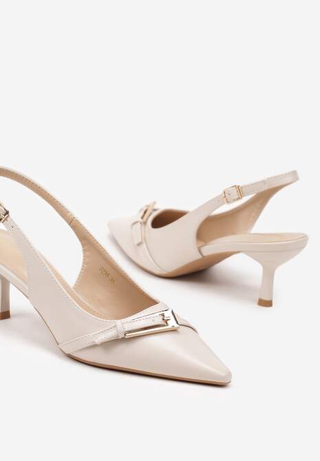 Beżowe Sandały na Szpilce Typu Slingback Ozdobione Paskiem z Klamrą Karilen