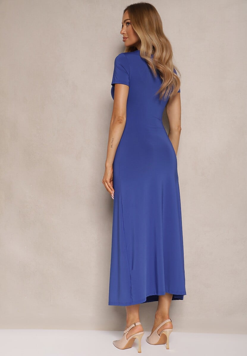 Niebieska Sukienka Bodycon z Marszczeniem w Talii  i Krótkimi Rękawami Aterezza