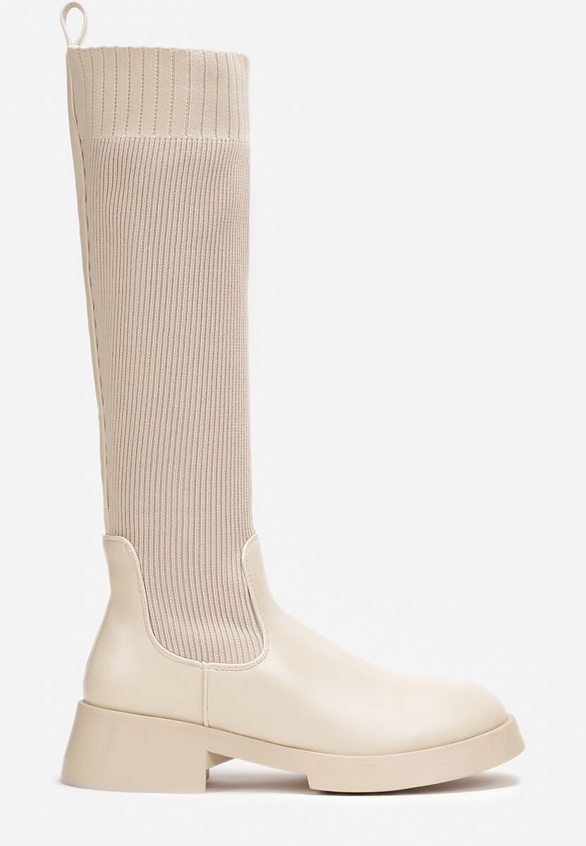 Beżowe Wsuwane Kozaki ze Skarpetkową Cholewką Przed Kolano na Grubej Podeszwie Miraple