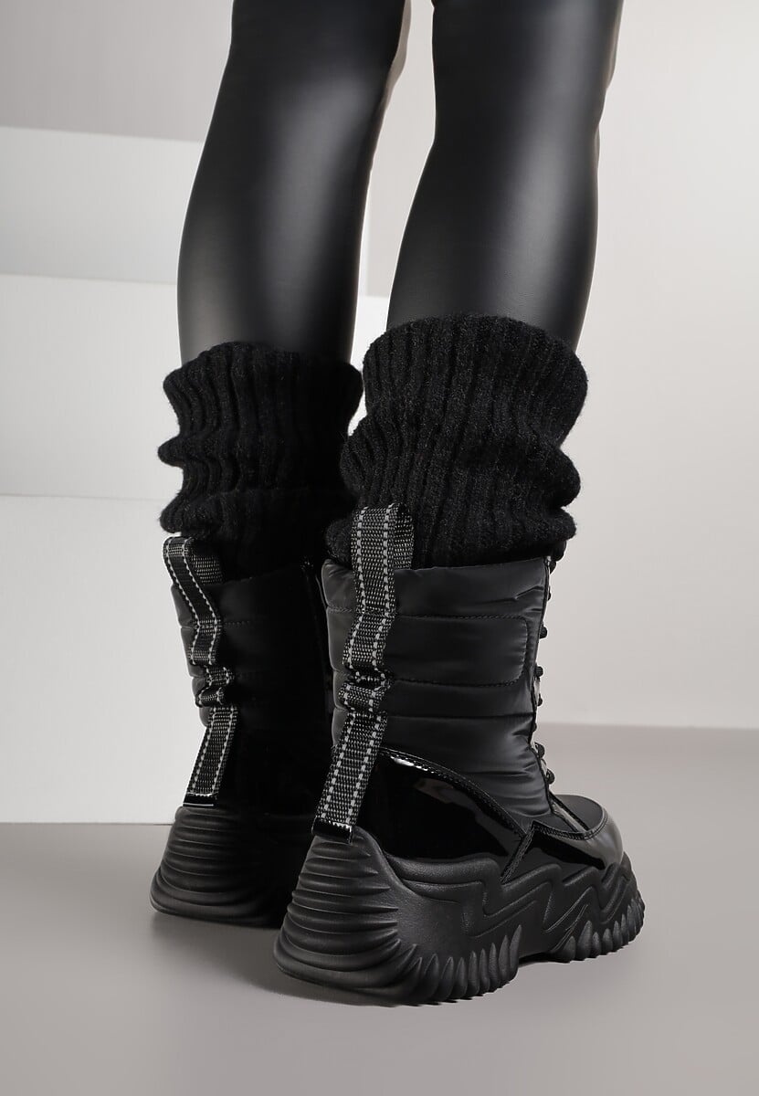 Czarne Sznurowane Śniegowce na Platformie Ozdobione Tłoczeniem Cedirina