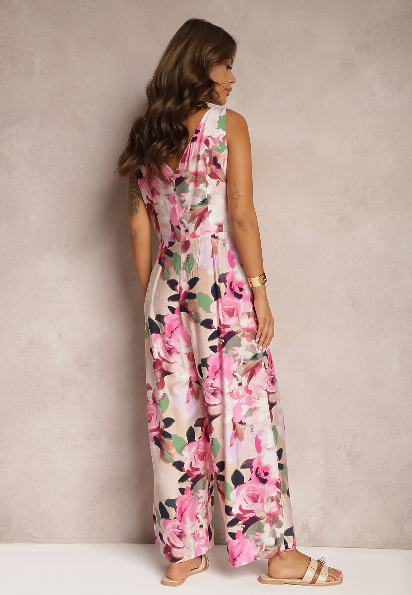 Różowy Taliowany Kombinezon na Ramiączkach w Kwiatowy Wzór Ilvitela