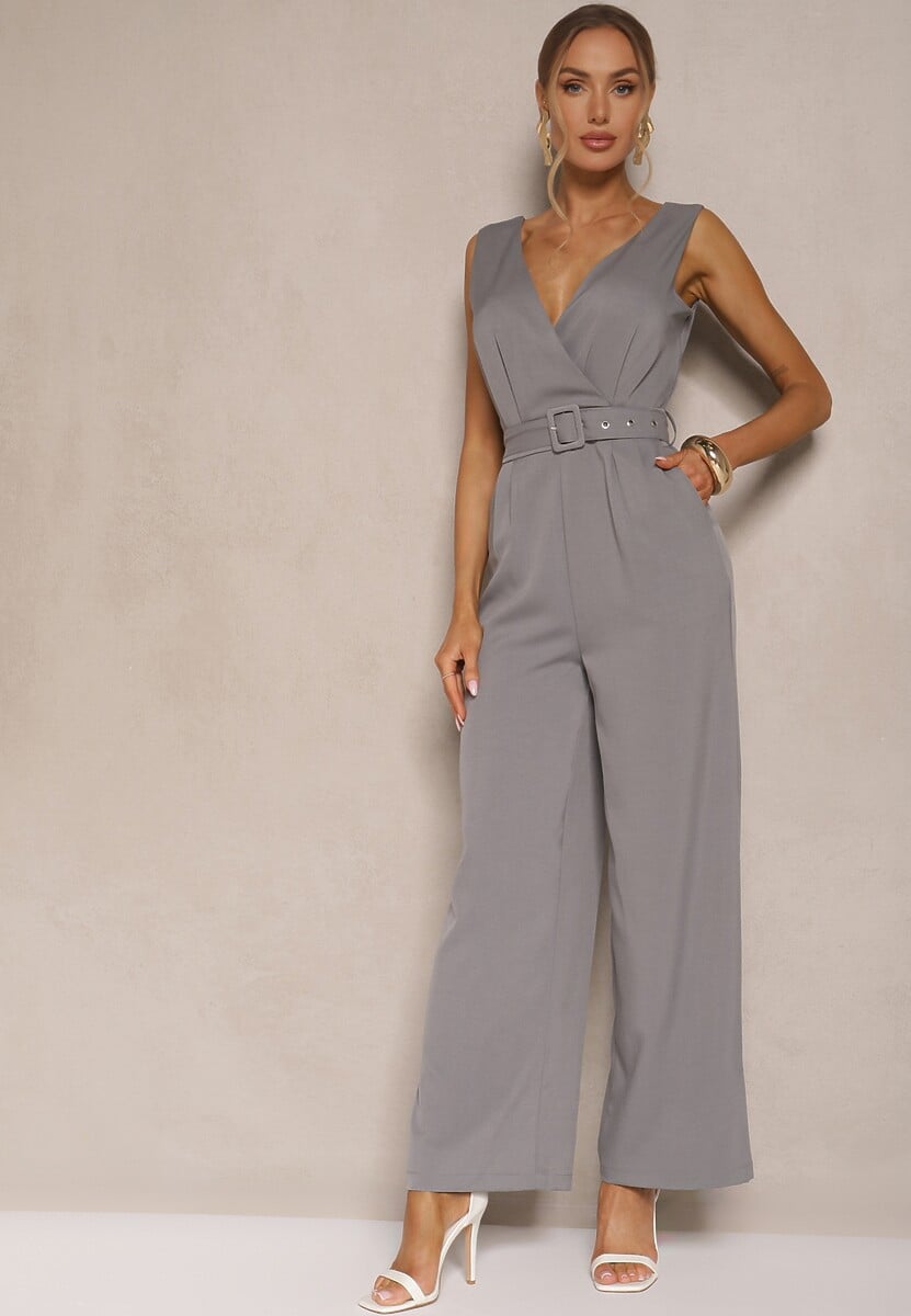 Szary Kombinezon z Długimi Spodniami Kopertowy z Paskiem w Talii Ronasia