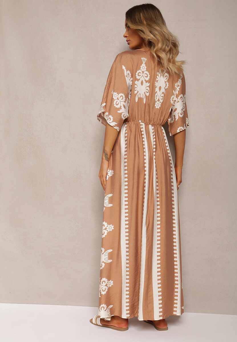 Brązowa Sukienka Taliowana z Bawełny z Gumką w Pasie Rivaq