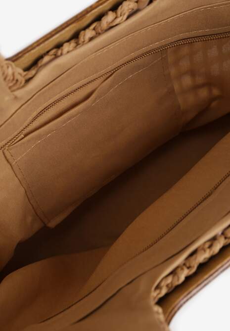 Ciemnobeżowa Pleciona Torebka w Stylu Plażowym z Drewnianymi Uchwytami i Dłuższym Paskiem Rerina