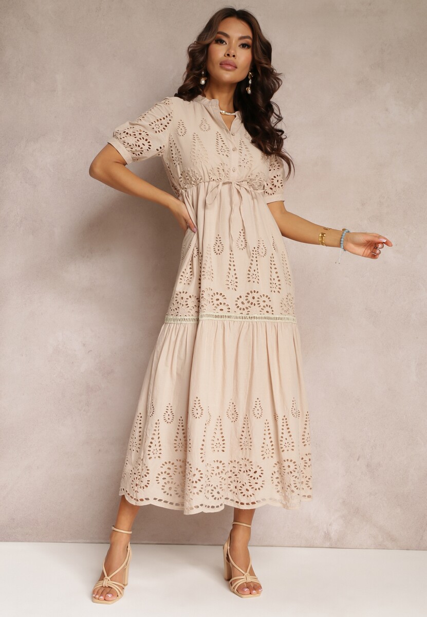 Beżowa Haftowana Sukienka Bawełniana ze Ściągaczem w Talii Ineryna