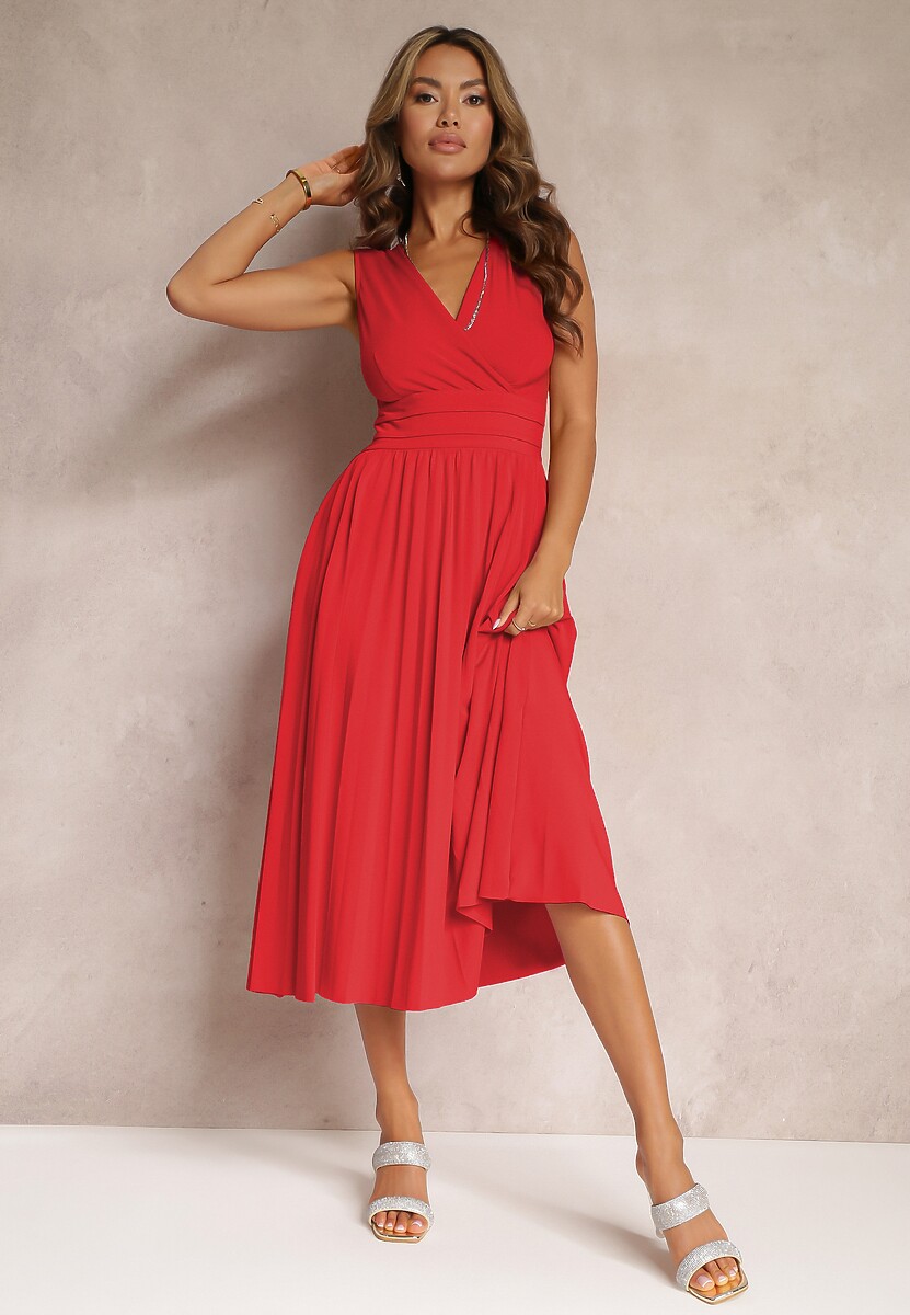 Czerwona Sukienka z Kopertowym Dekoltem i Plisowanym Dołem Anamarie