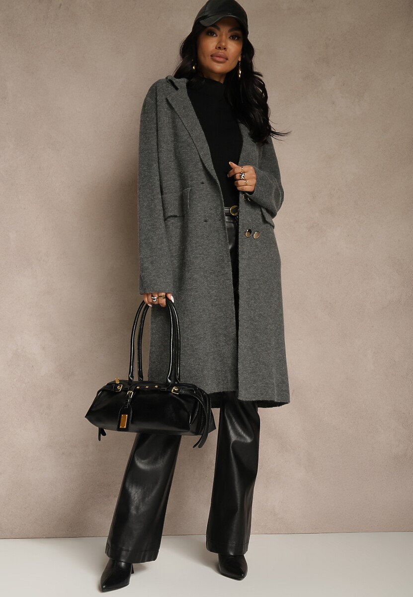 Szary Płaszcz Dwurzędowy o Długim Kroju w Eleganckim Stylu Saratusa