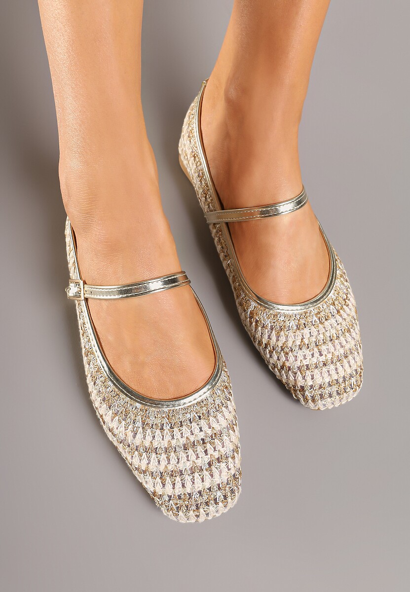 Złote Balerinki Mary Jane Ozdobione Metaliczną Nicią Ilimalla