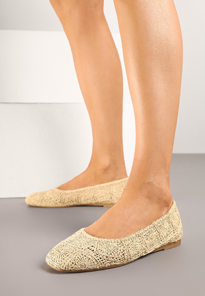 Beżowe Balerinki z Cholewką z Plecionki Relore
