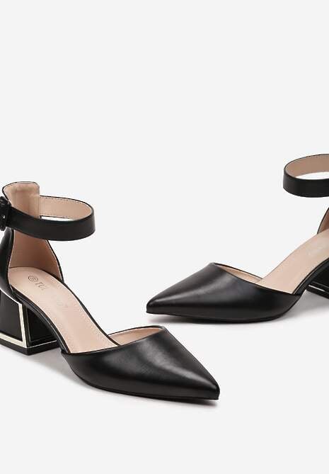 Czarne Czółenka na Ozdobnym Słupku z Noskiem w Szpic i Paskiem Przy Kostce Venelia