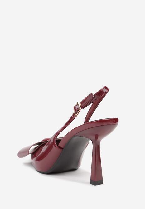 Bordowe Szpilki Slingback z Lakierowanym Połyskiem Zdobione Kokardą Sewlira