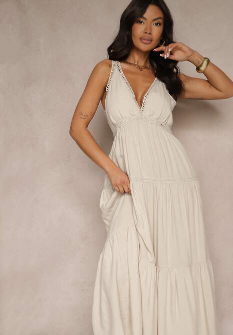 Beżowa Sukienka z Wiskozą Ozdobiona Szydełkowym Motywem Mevelta