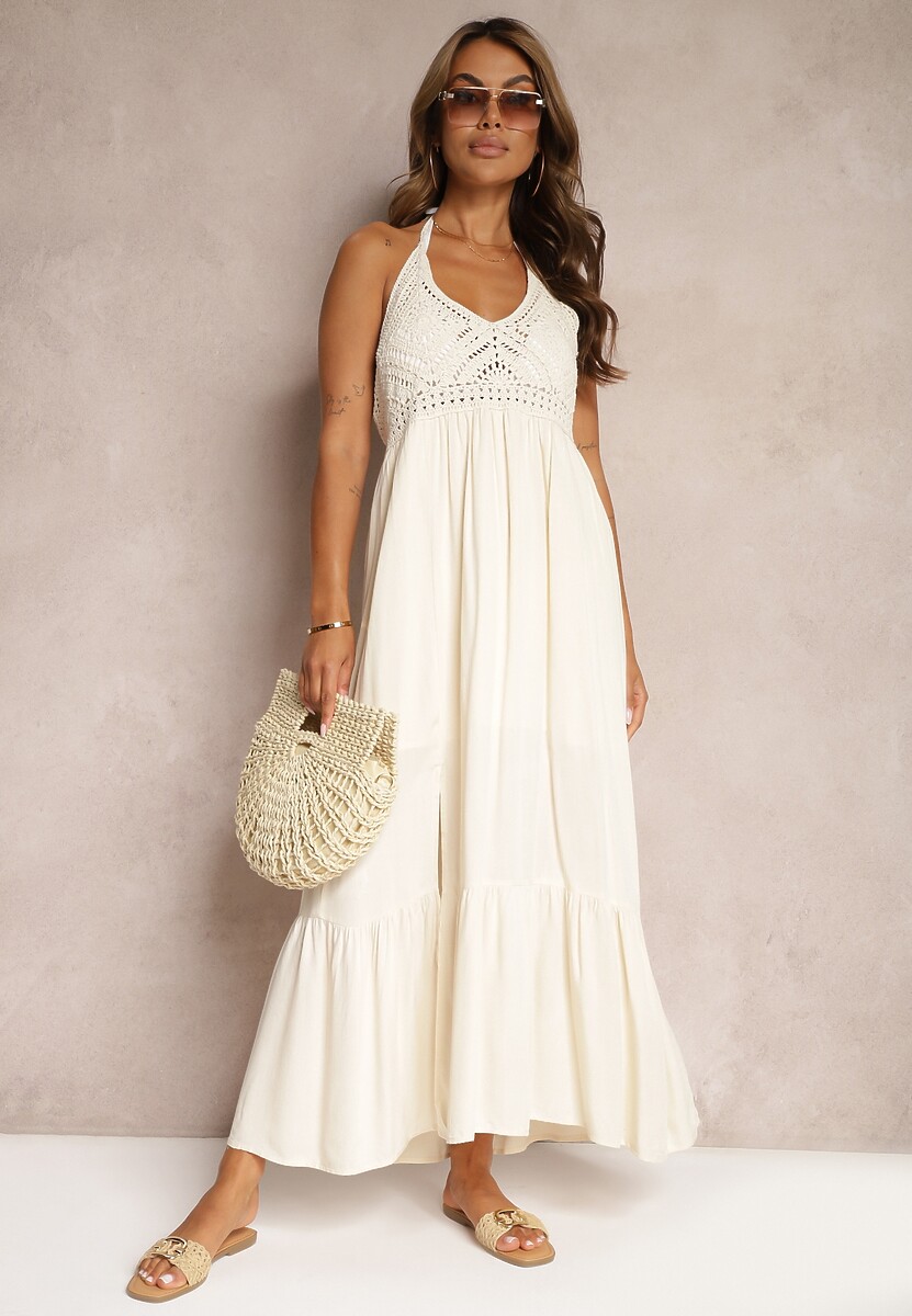 Beżowa Sukienka Boho Rozkloszowana z Wiskozy Risalenne