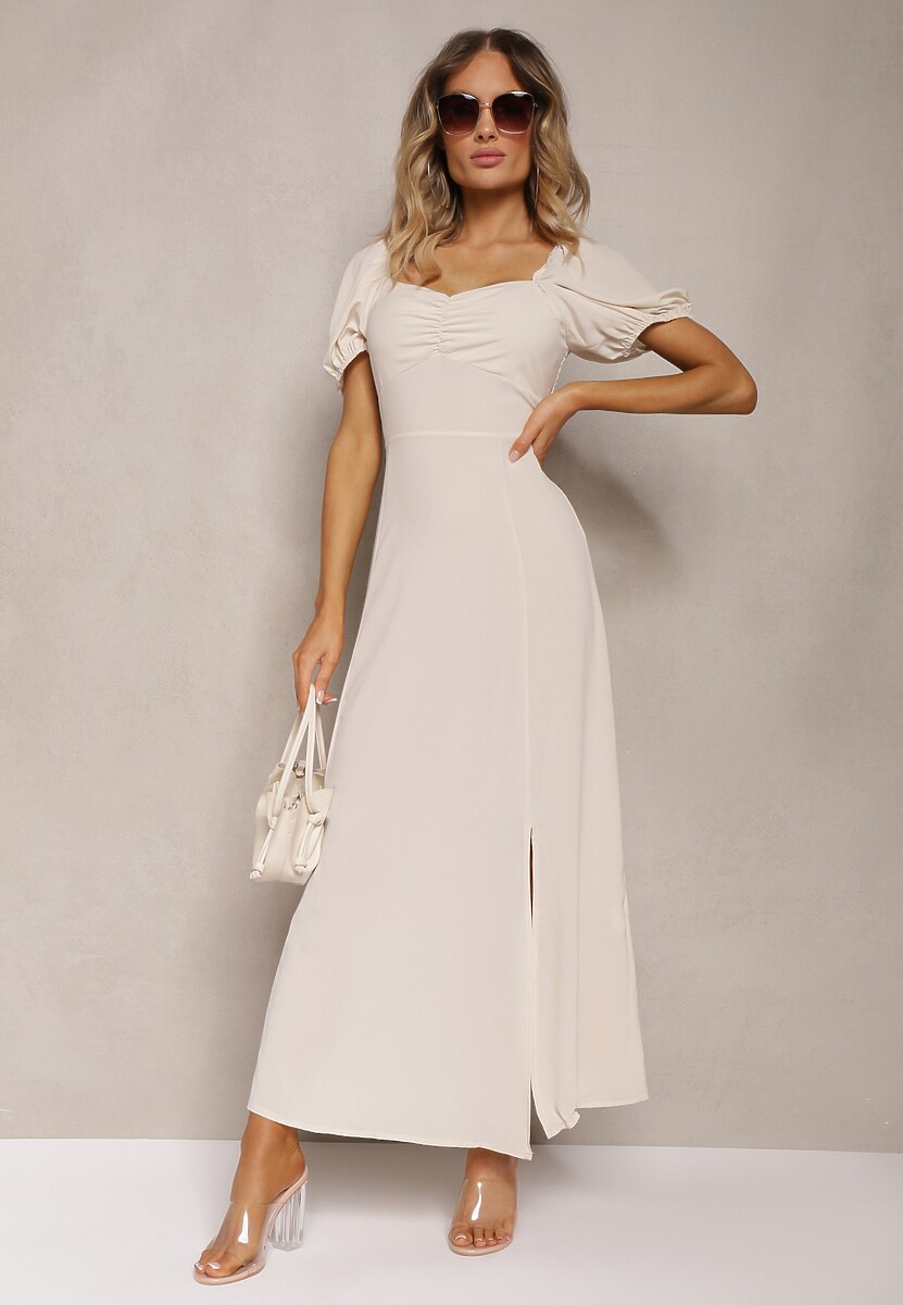 Beżowa Sukienka Wieczorowa z Hiszpańskim Dekoltem i Rozcięciem Vikiya