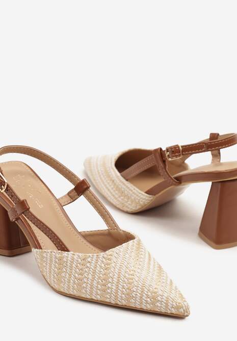 Brązowe Sandały na Słupku Typu Slingback Ozdobione Plecionką Koralisa