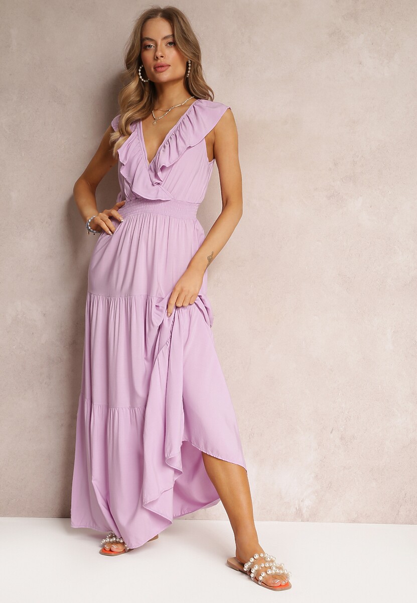 Fioletowa Rozkloszowana Sukienka Maxi z Gumką w Talii i Falbanką Laylani
