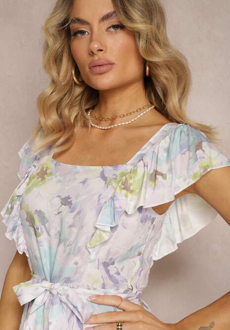 Jasnofioletowa Kwiecista Sukienka z Wiskozy z Falbanką na Ramiączkach z Materiałowym Paskiem Nuclemia