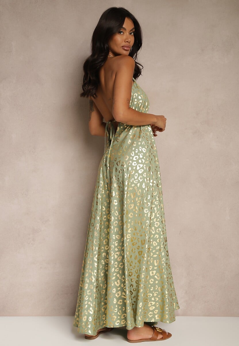 Zielona Wiskozowa Sukienka Halter Zdobiona Metalicznym Nadrukiem w Panterkę Linaruna