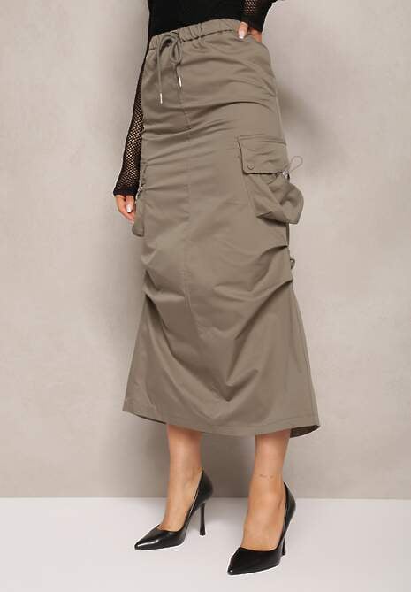 Ciemnozielona Marszczona Spódnica Midi w Stylu Cargo z Gumką w Talii Gacieam