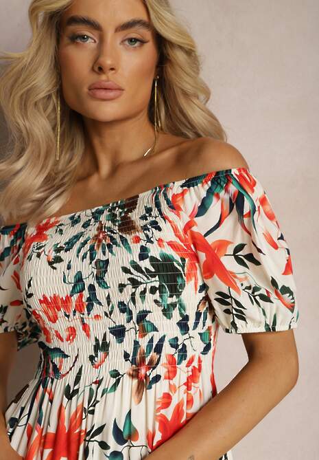 Jasnobeżowa Rozkloszowana Sukienka Mini z Wiskozy w Kwiaty z Falbanką Malinai