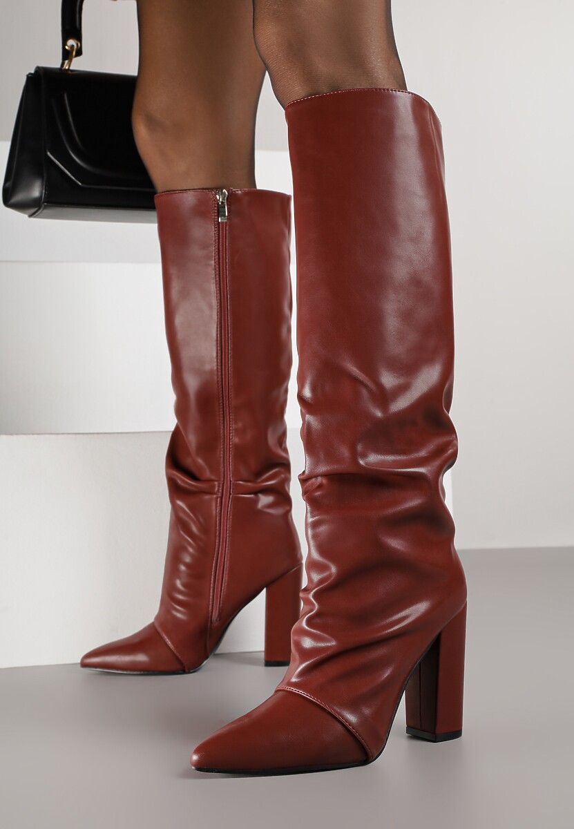 Bordowe Marszczone Kozaki na Słupkowym Obcasie z Noskiem w Szpic Badara