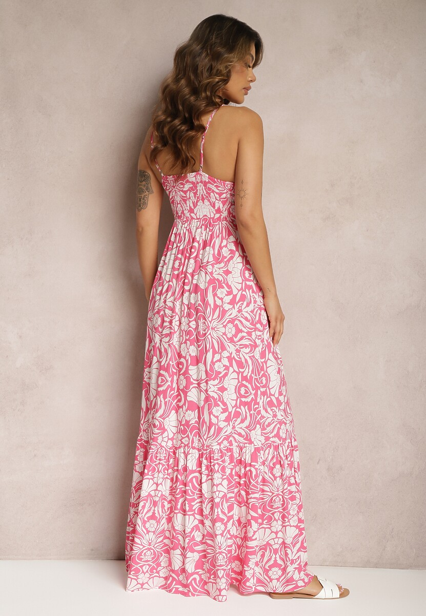 Fuksjowa Bawełniana Sukienka Maxi na Ramiączkach z Kwiatowym Wzorem i Falbanką Mawidiona