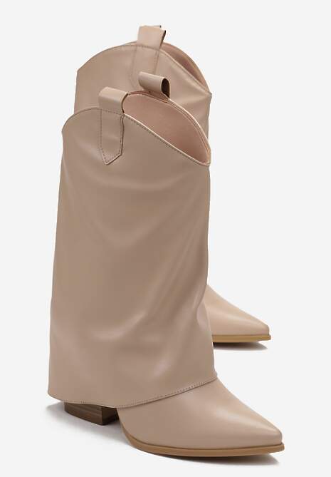Beżowe Botki na Słupku z Wywiniętą Cholewką i Szpiczastym Noskiem Efferite