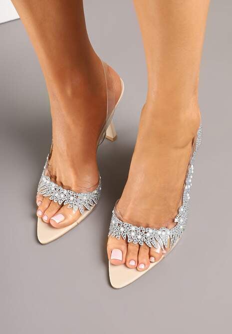 Beżowe Przezroczyste Sandały na Szpilce Vices ze Skórzaną Wkładką i Cyrkoniami Oviassa