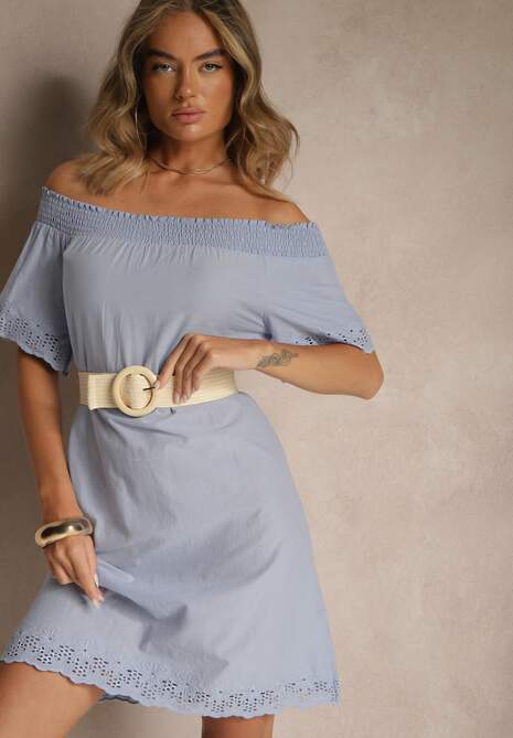 Jasnoniebieska Sukienka o Kroju Hiszpanki z Bawełny z Ażurowymi Zdobieniami Filviana