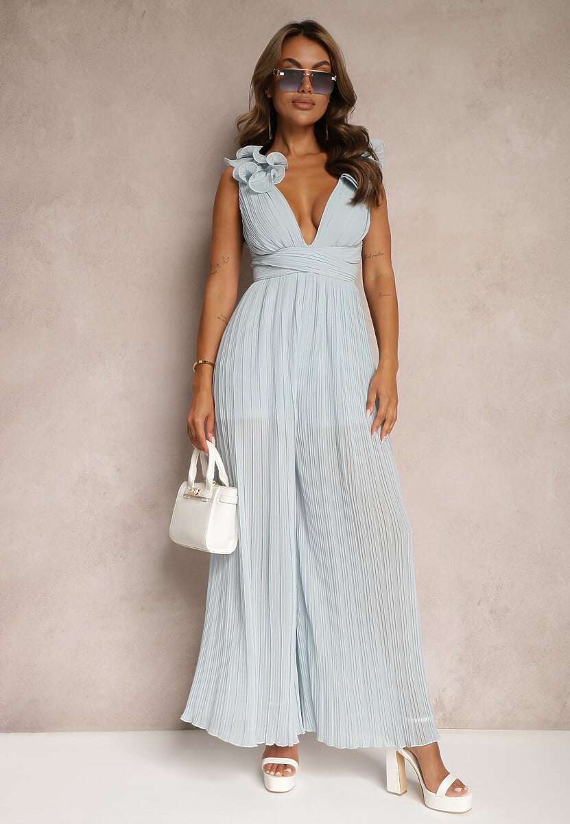 Niebieski Taliowany Koktajlowy Kombinezon z Szerokimi Nogawkami Ozdobiony Falbanami Gealfrea