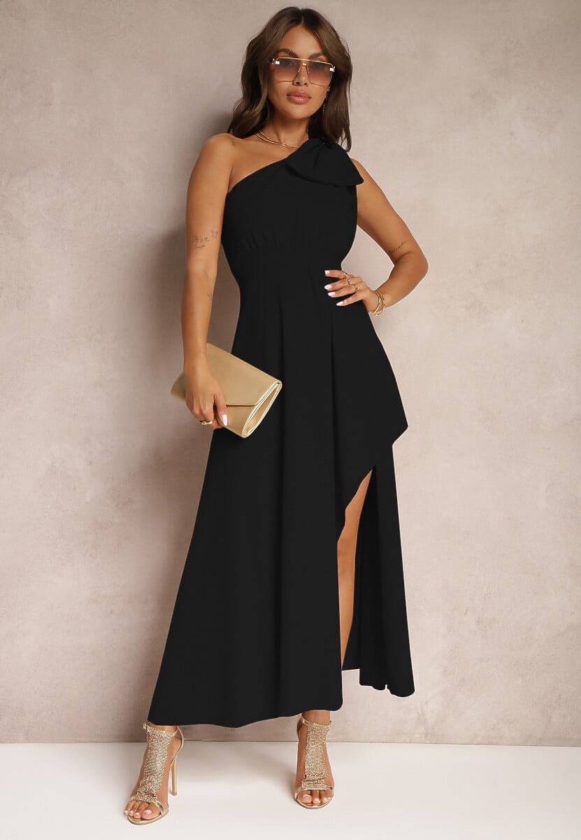 Czarna Sukienka Koktajlowa o Asymetrycznym Kroju na Jedno Ramię Ozdobiona Kokardą Vimorissa