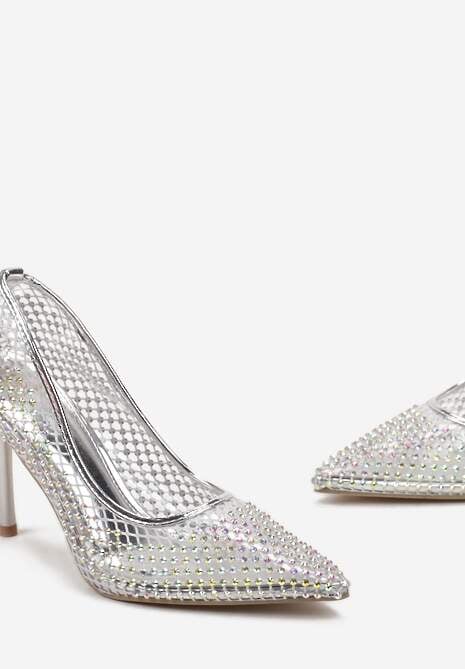 Srebrne Transparentne Szpilki z Ozdobną Siateczką z Cyrkonii i Metalicznym Obcasem Imenta