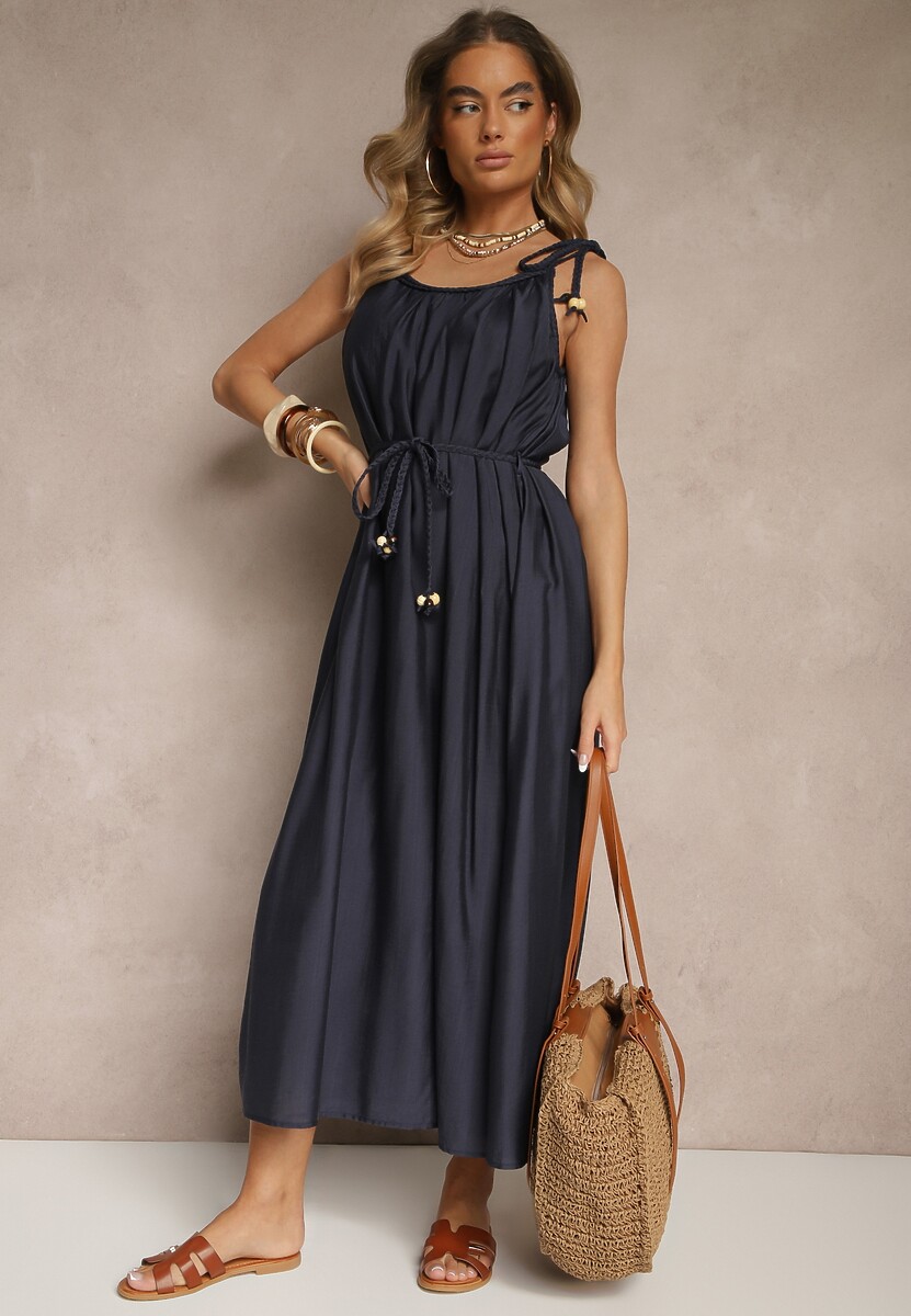 Granatowa Wiskozowa Sukienka Boho na Wiązanych Ramiączkach z Paskiem z Plecionki Miratera