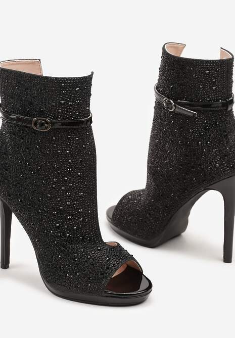 Czarne Asymetryczne Sandały na Szpilce Ozdobione Cyrkoniami Selamin