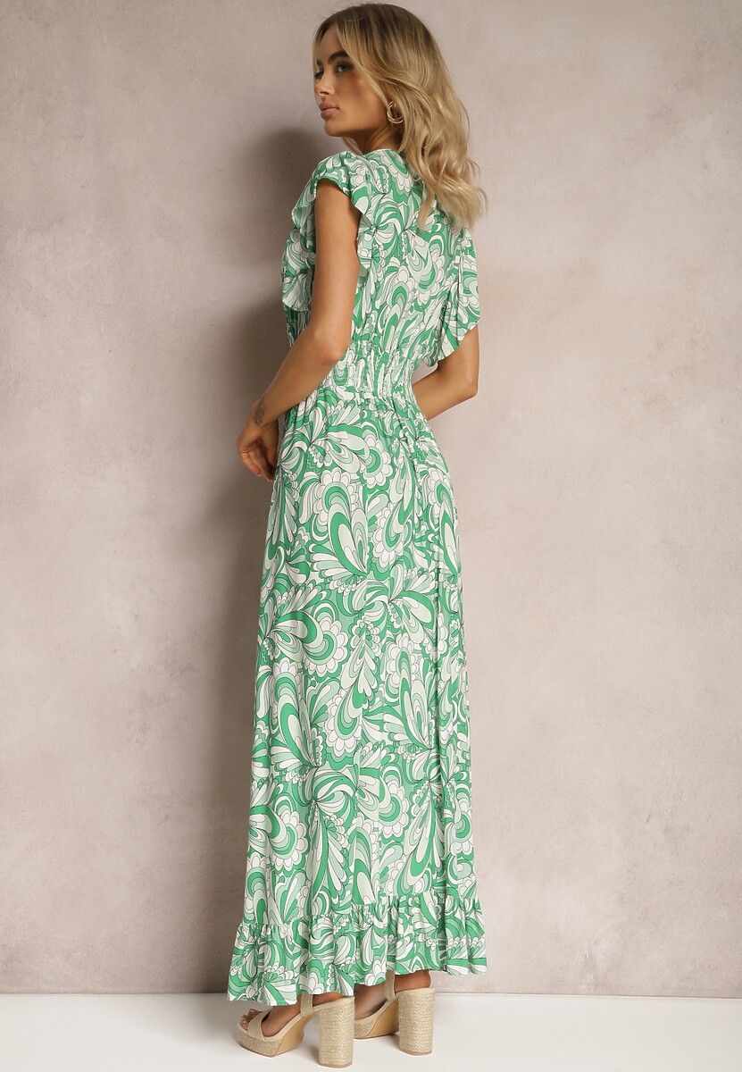 Zielona Sukienka Boho z Gumką w Pasie i Asymetrycznym Dołem z Wiskozy Anorissa