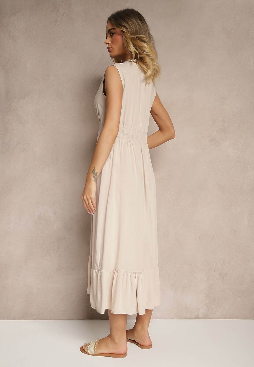 Beżowa Kopertowa Sukienka z Wiskozy Zdobiona Falbanką Ularisela