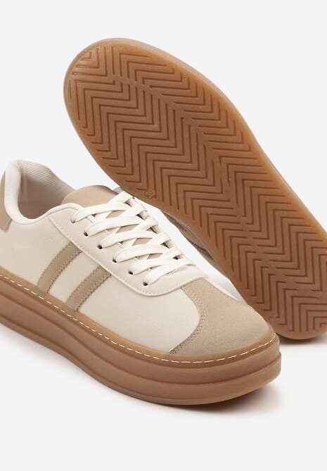 Beżowe Sneakersy na Tłoczonej Platformie Ozdobione Paskami Felainora