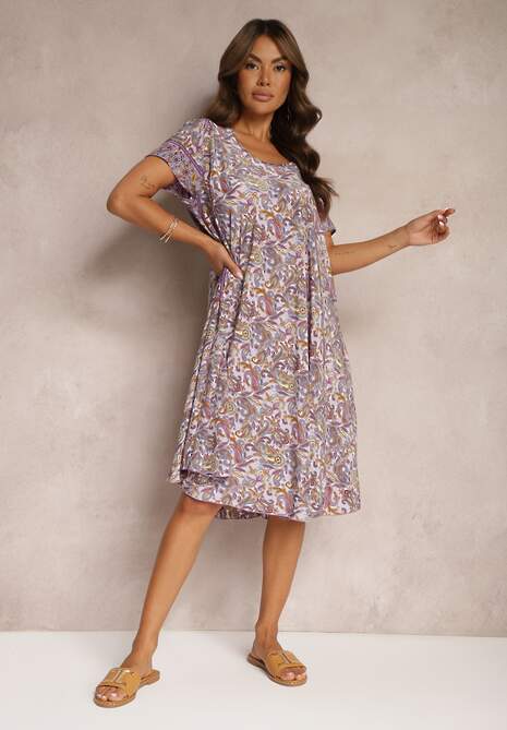 Fioletowa Rozkloszowana Sukienka z Wiskozy w Kwiaty Rivanira