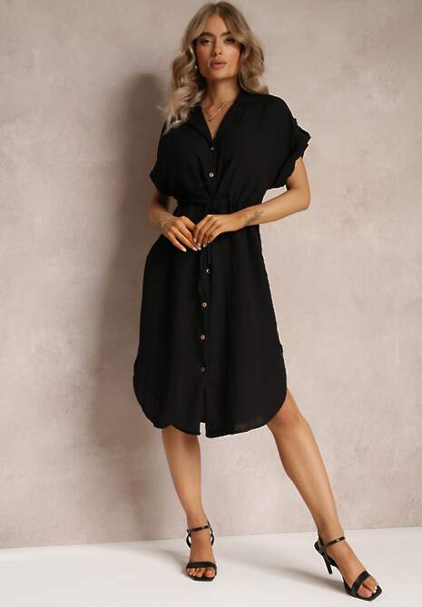 Czarna Midi Sukienka z Wiskozy na Guzki Ściągana Troczkiem Blamise