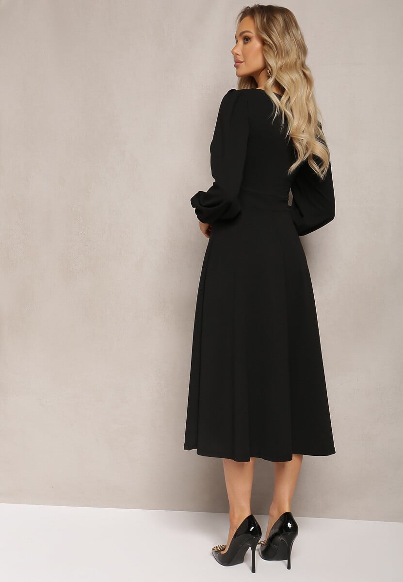Czarna Sukienka Midi o Rozkloszowanym Fasonie z Bufiastymi Rękawami Amatya