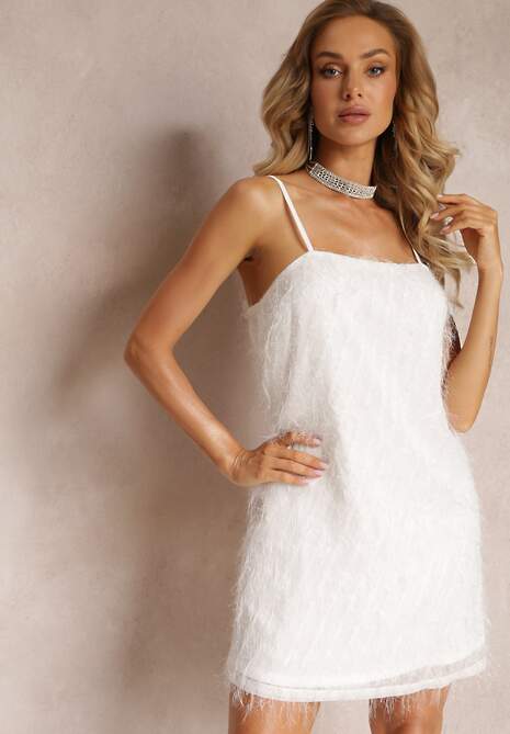 Biała Koktajlowa Sukienka Mini z Cienkimi Piórkami Clotile