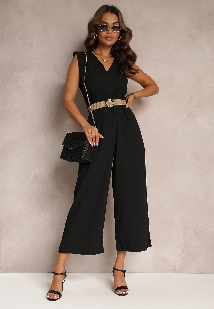 Beżowy Długi Kombinezon z Trójkątnym Dekoltem i Ozdobnym Paskiem z Klamrą Malkah