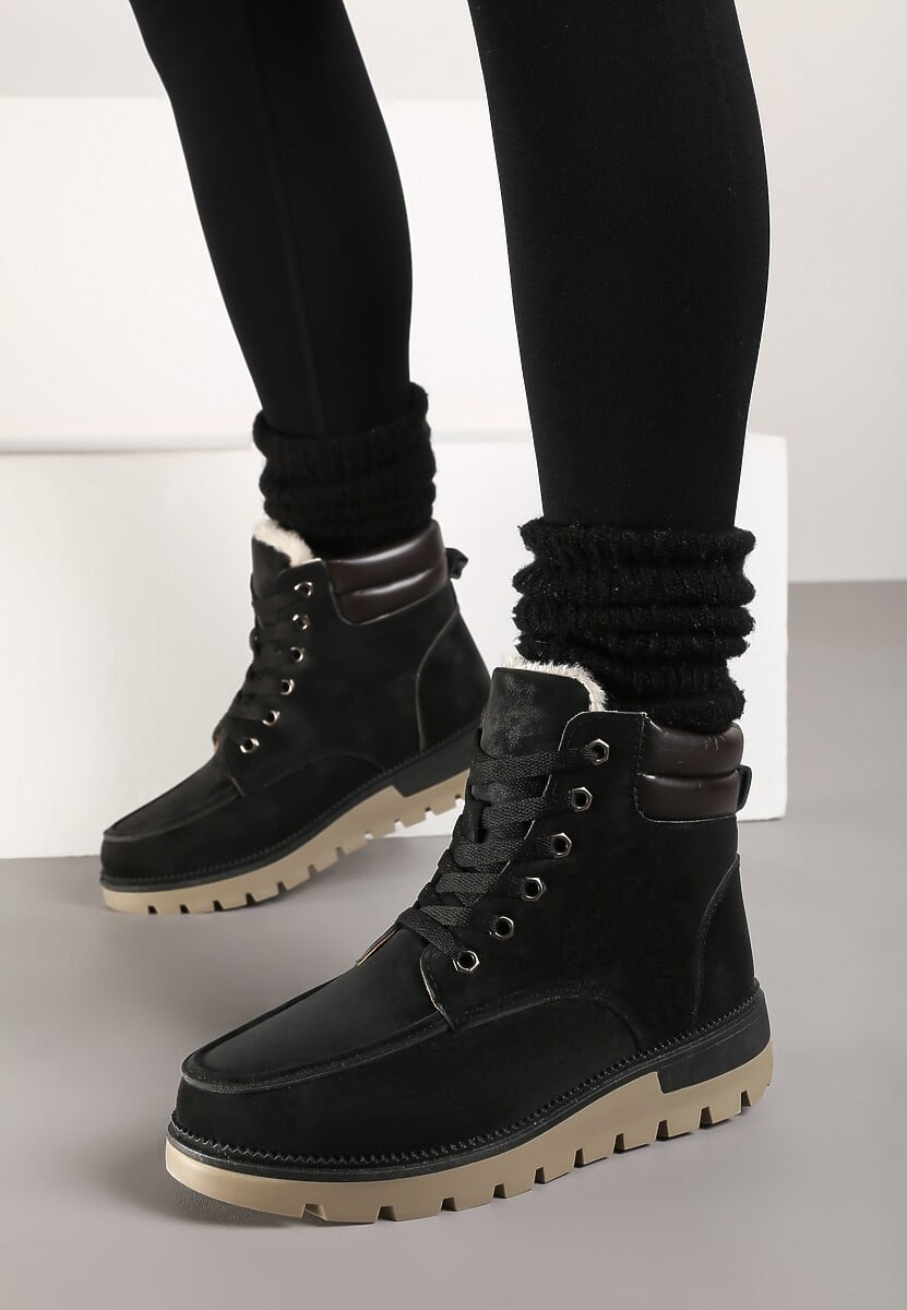 Czarne Sznurowane Botki Trapery z Mocnym Ociepleniem Kirssan