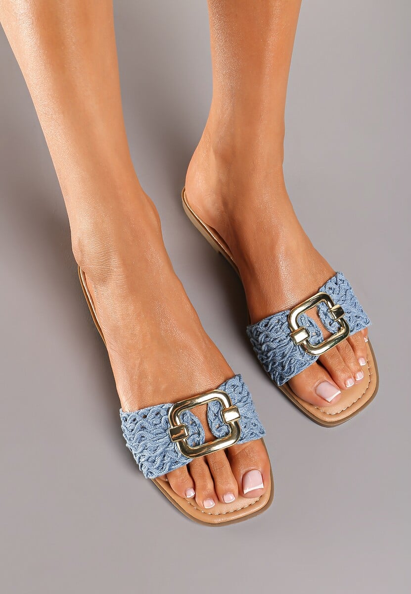 Beżowe Płaskie Klapki ze Złotą Klamrą Efimue