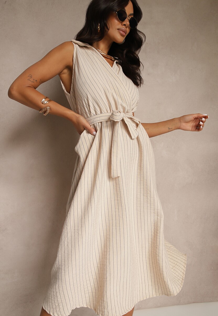 Różowa Koszulowa Sukienka Bez Rękawów z Wiązanym Paskiem Lideene