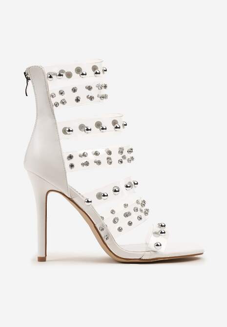 Białe Sandały na Szpilce z Transparentnymi Paskami i Cyrkoniami Davioris